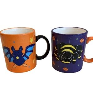 Vintage Y2K Halloween Mugs Set Of 2 Bat Spider Pumpkin Ceramic Coffee Cups Retro